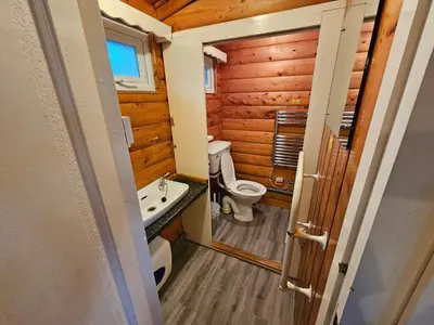 a small bathroom with a toilet and a sink at Cosy 2 bedroom Log Cabin in Snowdonia Cabin151 in Trawsfynydd