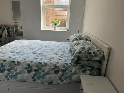 a bed in a bedroom with a window at Flat 2 Frank Lewis House in Hay-on-Wye