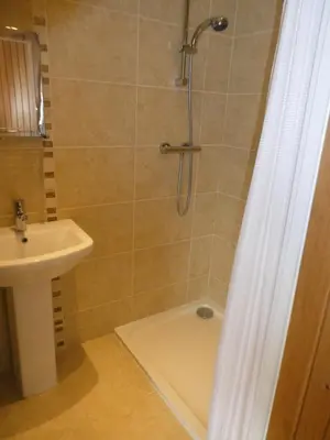 a bathroom with a shower and a sink at 2 Bed Rural cottage between the mountains and Sea in West Wales in Lampeter