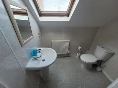 a bathroom with a sink and a toilet and a skylight at Large 5 bed town-centre home close to the beach, sleeps 9 in Aberystwyth