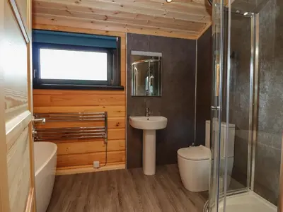 a bathroom with a sink and a toilet and a shower at Bacheiddon Log Cabin in Machynlleth