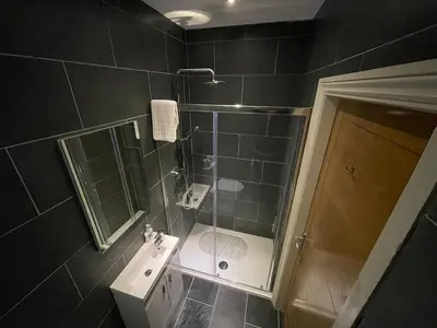 a bathroom with a shower and a sink at Y Griffin in Penrhyndeudreath