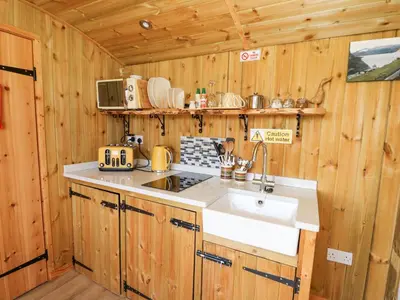 a kitchen with a sink in a wooden cabin at Elan in Llandrindod Wells