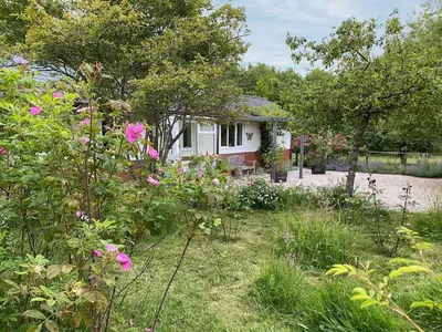 a small white house with flowers in the yard at Rose Cottage in Blakemere