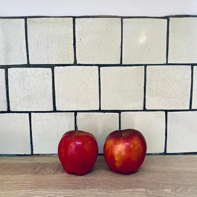 two apples sitting on the floor in front of a wall at The Pavement Palace in Hay-on-Wye
