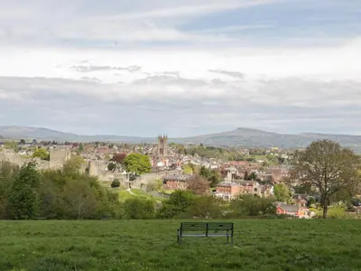 a bench sitting in a field overlooking a city at 55 Corve Street in Ludlow