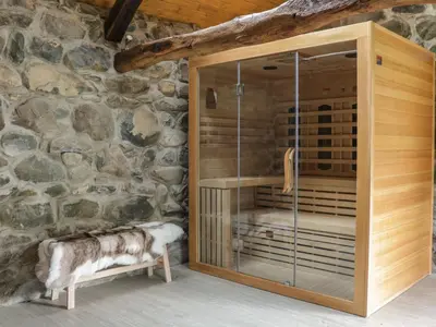a shower with a glass door in a stone wall at Bennar Fawr in Dyffryn