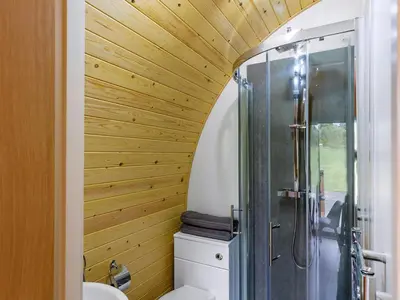 a bathroom with a shower and a toilet with wooden walls at Oak-Uk36258 in Llanfair Caereinion
