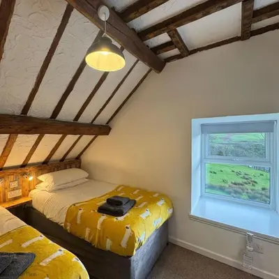 a bedroom with two beds and a window at Barn Retreat with Valley Views & Onsite Dog Field in Bryn-crug
