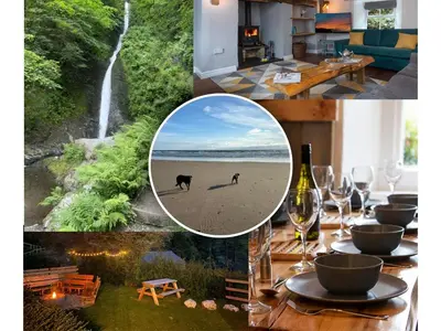 a collage of photos of a table with a dog and a waterfall at Farmhouse with Log Fire & On-Site Dog Field in Bryn-crug
