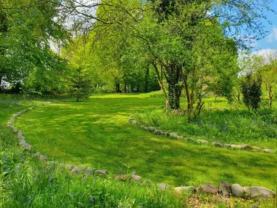 a field of grass with trees and a path at Ty Barcud in Lampeter
