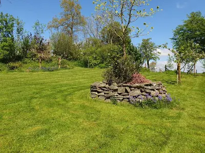 a stone wall in a field with a tree at Ty Barcud in Lampeter