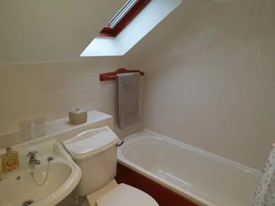 a bathroom with a toilet and a sink and a bath tub at Ty Twt in Lampeter