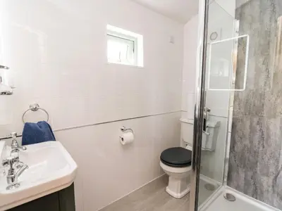 a bathroom with a toilet and a sink and a shower at Hwyl in Llandrindod Wells