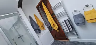 a bathroom with a shower and a glass door at Modern and spacious 2 bedroom apartment with free parking in Glyn-Ceiriog