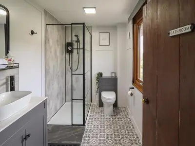 a bathroom with a shower and a toilet and a sink at Pengeulan in Machynlleth