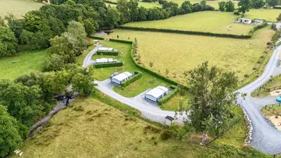 an aerial view of a group of camels in a field at Hillside Lodge in Rhayader