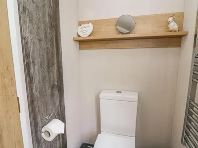 a bathroom with a toilet with a wooden shelf above it at Woodland Escape in Rhayader