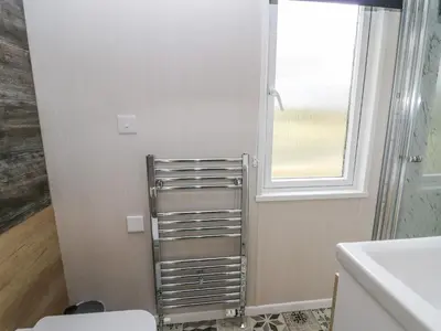 a bathroom with a ladder next to a window at Hares Rest in Rhayader
