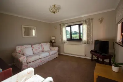 a living room with a couch and a tv at Goitre Bach Cottage in Aberaeron