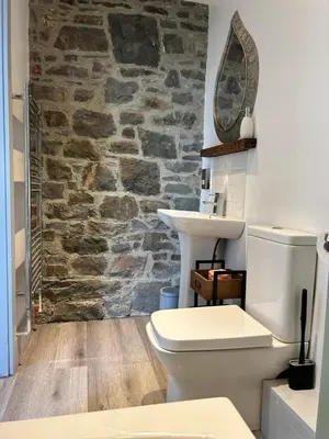 a bathroom with a white toilet and a stone wall at Cadwgan House in Rhayader