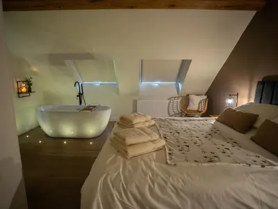 a bedroom with a large bed with a bath tub at Tyn Llwyn Barn in Corwen