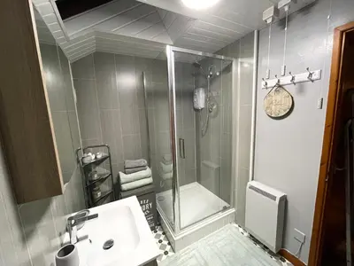 a bathroom with a shower and a sink at Westend Holiday Let 3 Brecon in Brecon