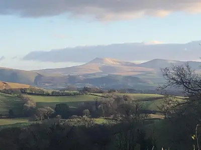 a view of a mountain in the middle of a field at The Old Milking Parlour Flyingpiglets in Llandovery