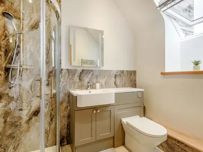 a bathroom with a toilet and a sink and a shower at Penshenkin Barn in Llanfihangel-nant-Melan
