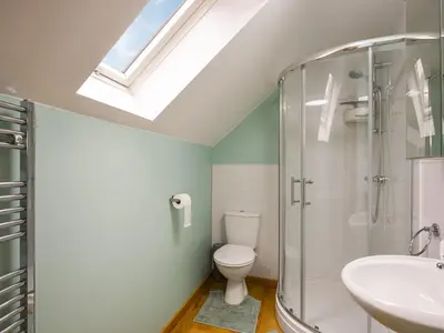 a bathroom with a shower and a toilet and a sink at Yr Hen Feudy At Pentre Farm in Llansilin