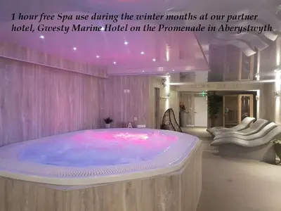 a large hot tub in a room with a pink wall at The Granary, Bryncarnedd cottages in Aberystwyth