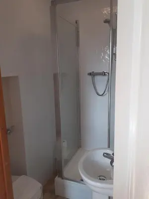 a bathroom with a shower and a toilet and a sink at The Granary, Bryncarnedd cottages in Aberystwyth