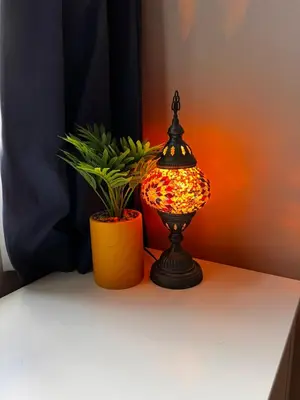 a lamp sitting on a table next to a plant at Cartref - Fully equipped and stunning town flat in Shrewsbury