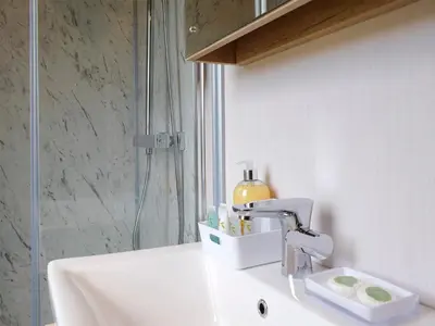 a bathroom with a sink and a shower at Lake Vyrnwy Luxury Glamping Pod 2 in Llanwddyn