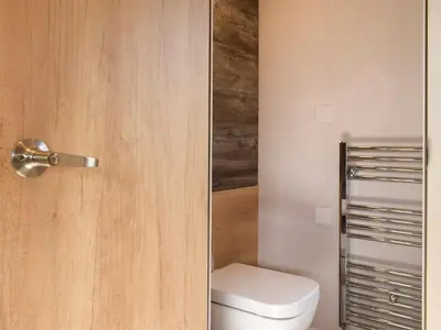 a bathroom with a toilet and a wooden door at Lake Vyrnwy Luxury Glamping Pod 2 in Llanwddyn