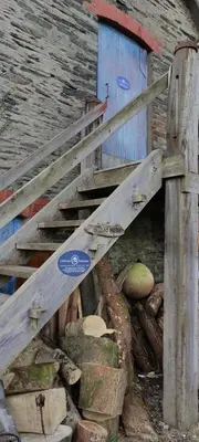 a wooden ramp leading up to a building with a blue door at Toad Hall Hostel in Machynlleth