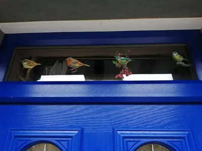 two birds sitting on top of a blue door at 1 Park Terrace in Corris