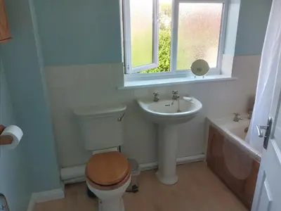 a bathroom with a toilet and a sink and a window at Swn Y Gwy ~ The Sound of the Wye in Brecon
