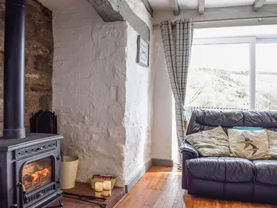 a living room with a stove and a couch at Blaen Y Cwm in Carno