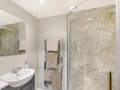 a bathroom with a shower and a sink at Upper Bryn Y Groes in New Bridge