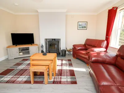 a living room with a leather couch and a tv at Glyn Cottage in Llanon