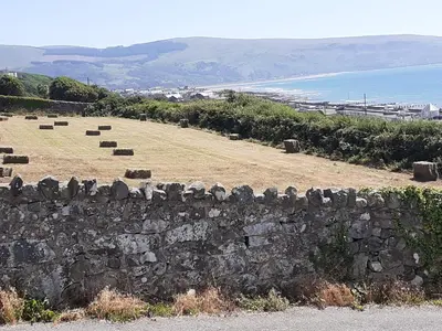 a stone wall next to a field and the ocean at Talarfor Barmouth in Barmouth