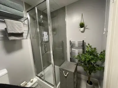 a bathroom with a shower with a plant in it at Westend Holiday Let 4 Brecon in Brecon