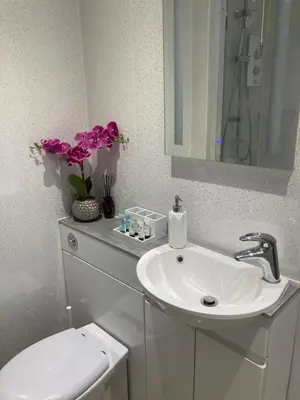 a bathroom with a sink and a toilet and a mirror at Rooftops - bijou sister apartment to Assembly View - free parking permit provided in Ludlow