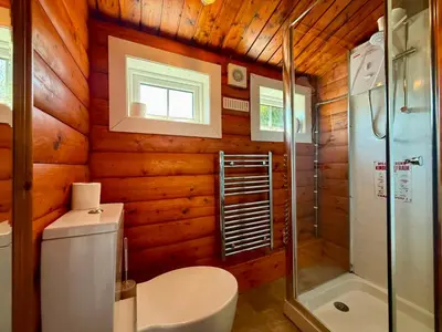 a bathroom with a toilet and a shower at Shifty Chicken Shack in Trawsfynydd