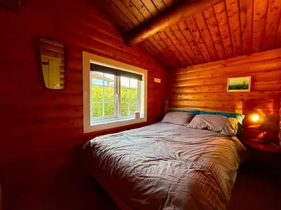 a bed in a wooden room with a window at Shifty Chicken Shack in Trawsfynydd