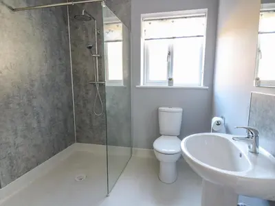 a bathroom with a shower and a toilet and a sink at Talarddu Cottage in Builth Wells