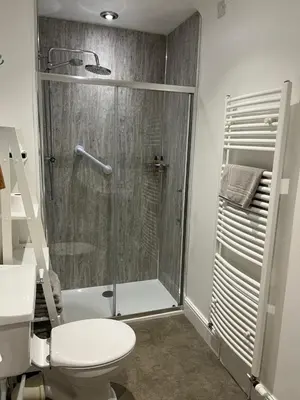 a bathroom with a shower and a toilet at Beaconsview B&B in Brecon