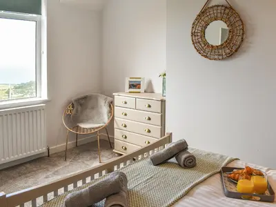 a bedroom with a crib and a chair and a mirror at Bryn Derwen in Harlech