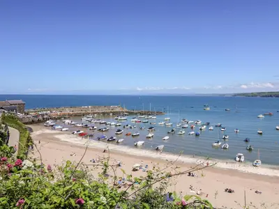 a bunch of boats in the water on a beach at Cwtsh Cragen in New Quay